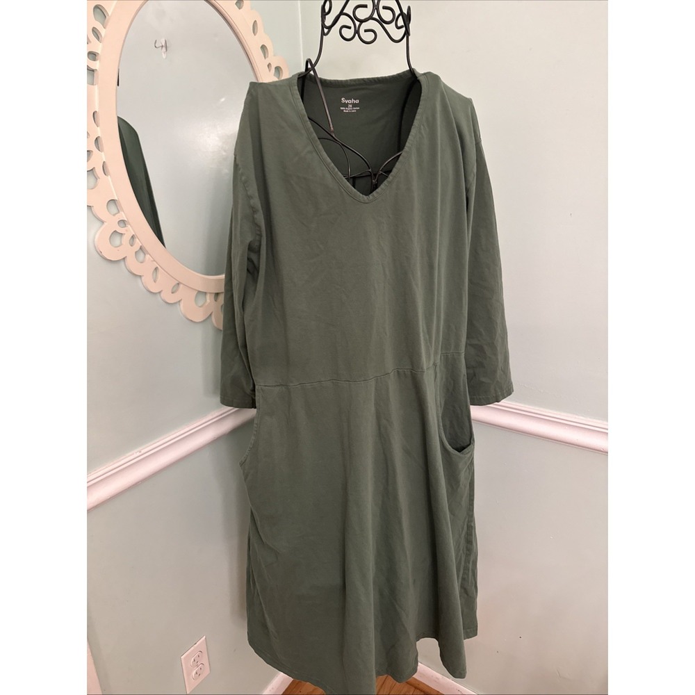 Svaha Green 100% Organic Cotton Pocket Dress 3/4 Sleeve Women Size 2X Minimalist
